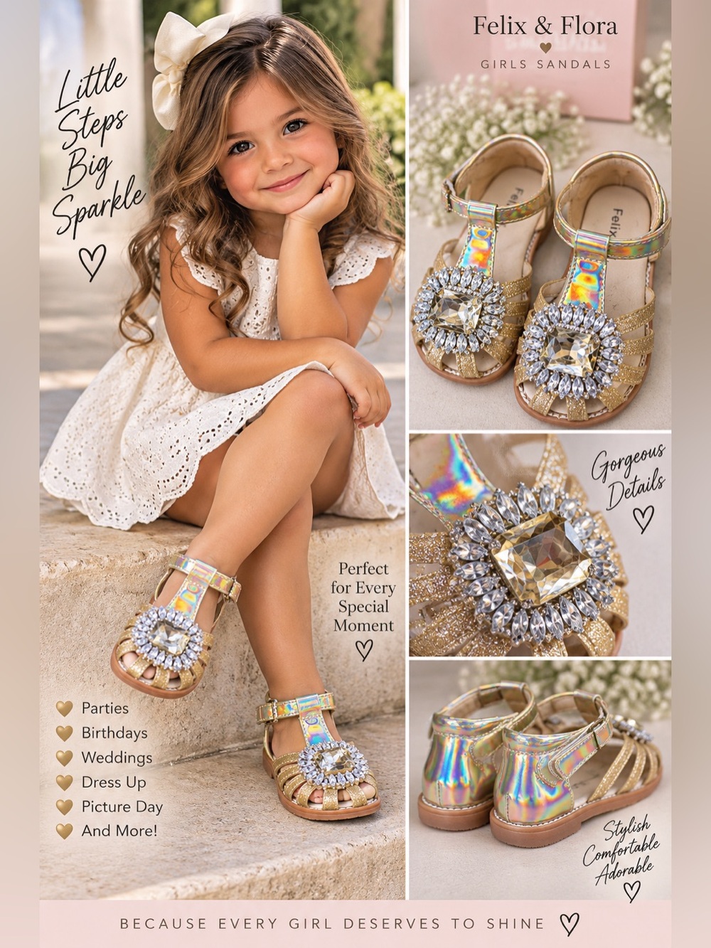 ✨Girls' Gold Jewel T-Strap Embellished Toddler Sandals ⭐️size 5c